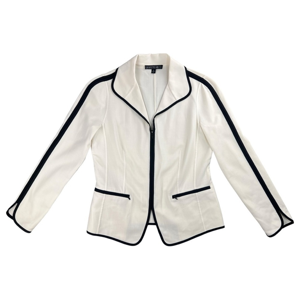 Layfayette 148 Virgin Wool White And Black Zip Up Blazer In Size 2